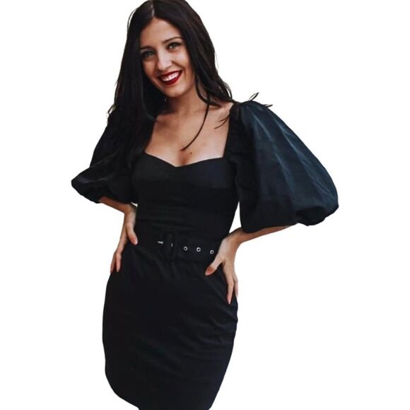 Zara Black Puff Sleeve Fitted Sweetheart Neckline Mini Dress - Picture 14 of 15